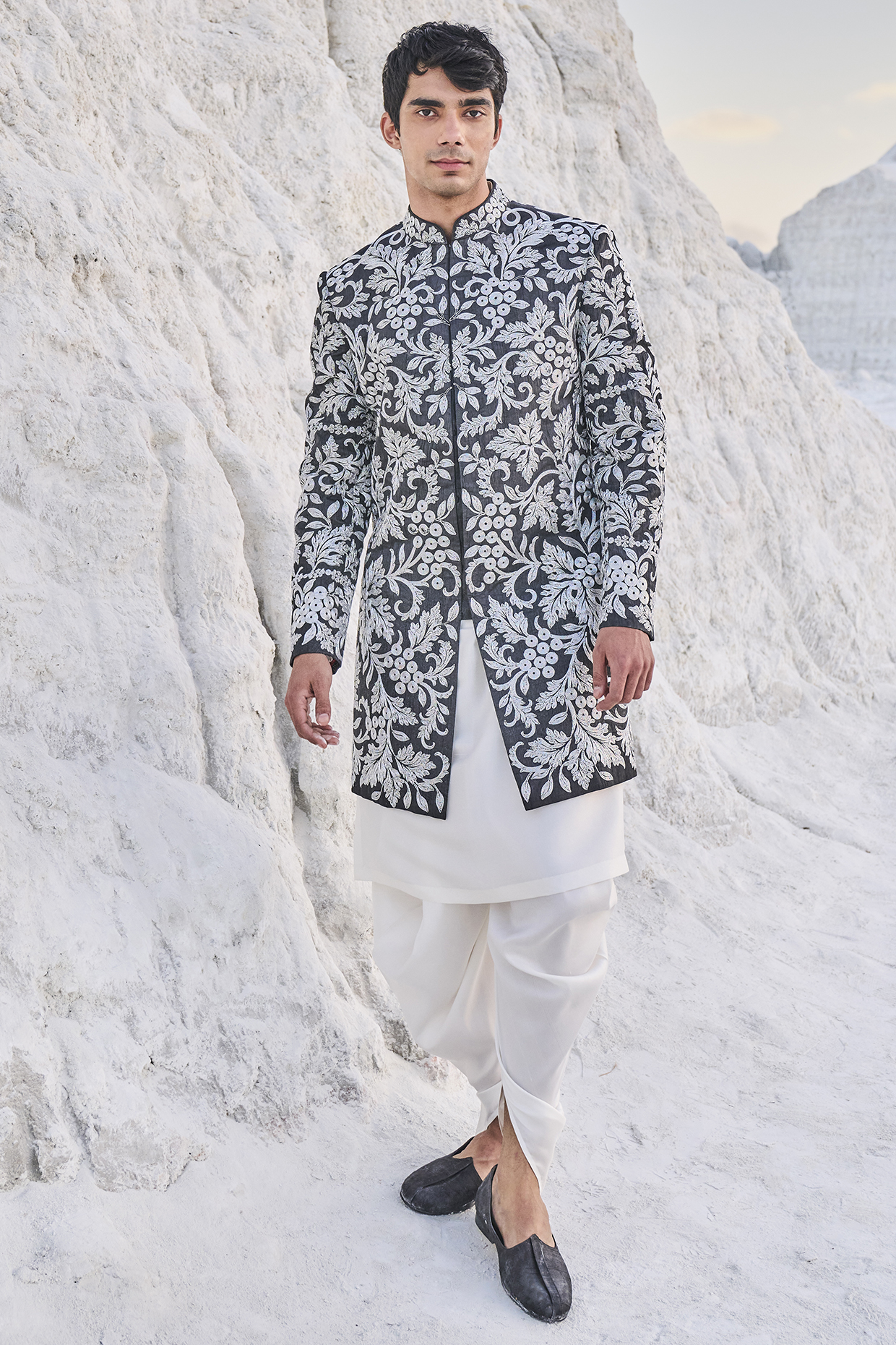 Charcoal Grey Raw Silk Embroidered Sherwani Set by Seema Gujral Men