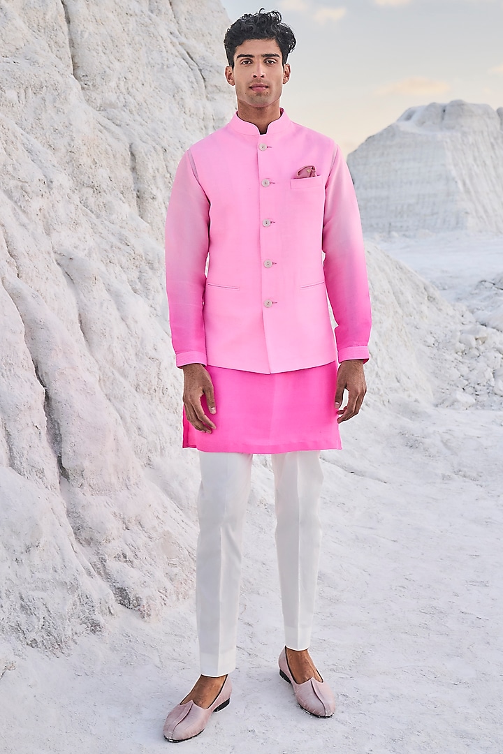 Fuchsia Matka Silk Nehru Jacket With Kurta Set by Seema Gujral Men