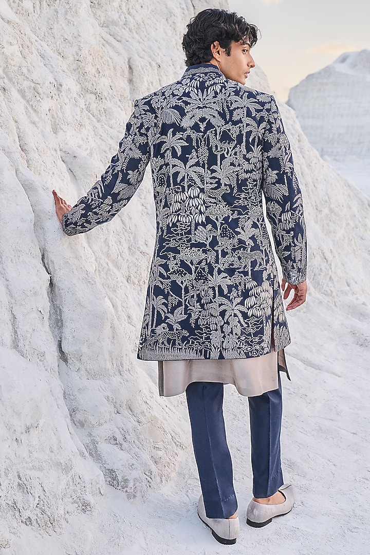 Navy Blue Raw Silk Embroidered Groom Sherwani Set by Seema Gujral Men at Pernia's Pop Up Shop