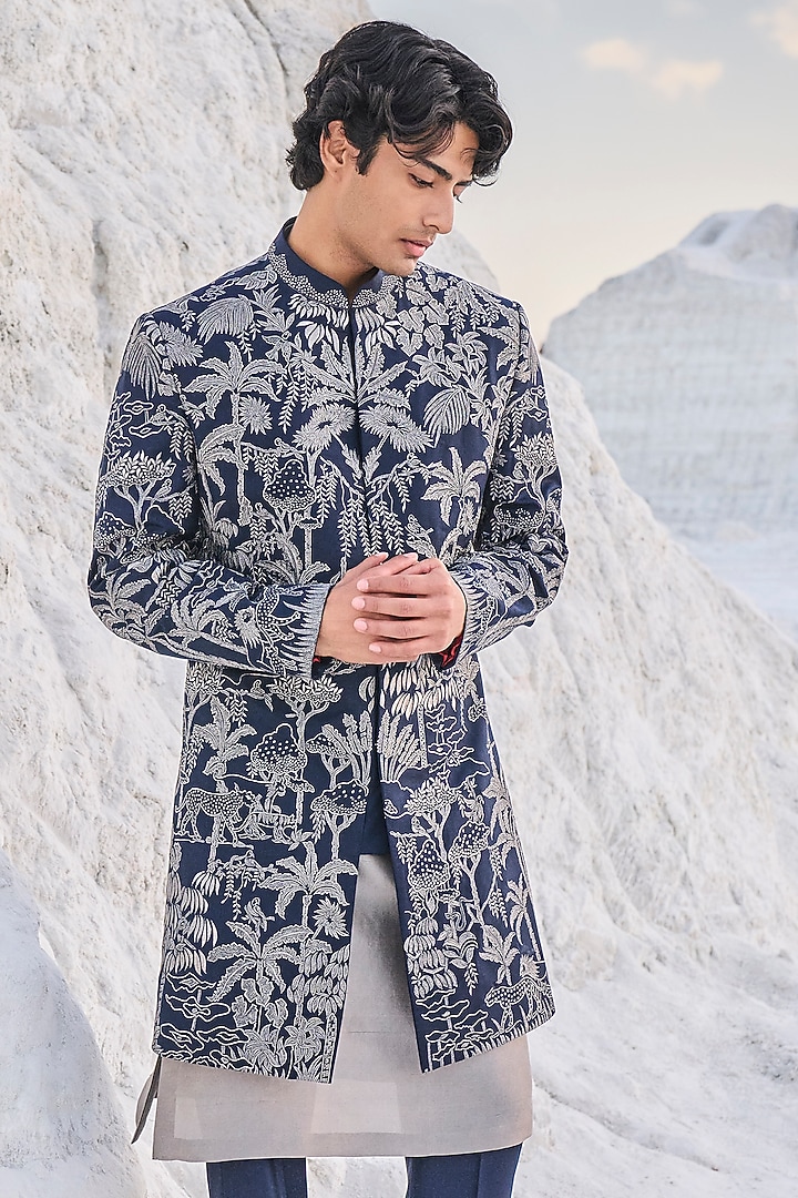 Navy Blue Raw Silk Embroidered Groom Sherwani Set by Seema Gujral Men at Pernia's Pop Up Shop