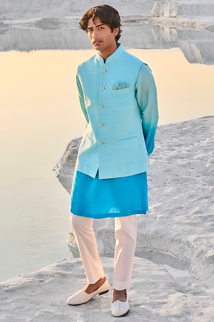 Turquoise Blue Matka Silk Nehru Jacket With Kurta Set by Seema Gujral Men