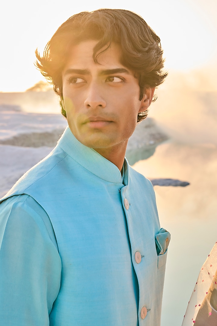 Turquoise Matka Silk Nehru Jacket Set by Seema Gujral Men at Pernia's Pop Up Shop