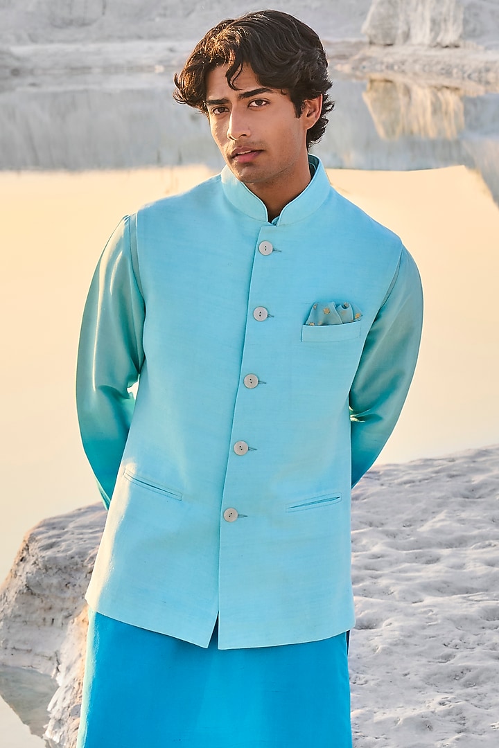Turquoise Matka Silk Nehru Jacket Set by Seema Gujral Men at Pernia's Pop Up Shop