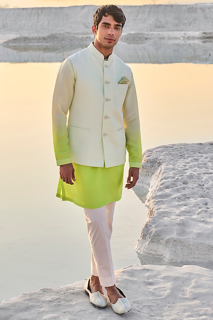 Lime Green Matka Silk Nehru Jacket With Kurta Set by Seema Gujral Men