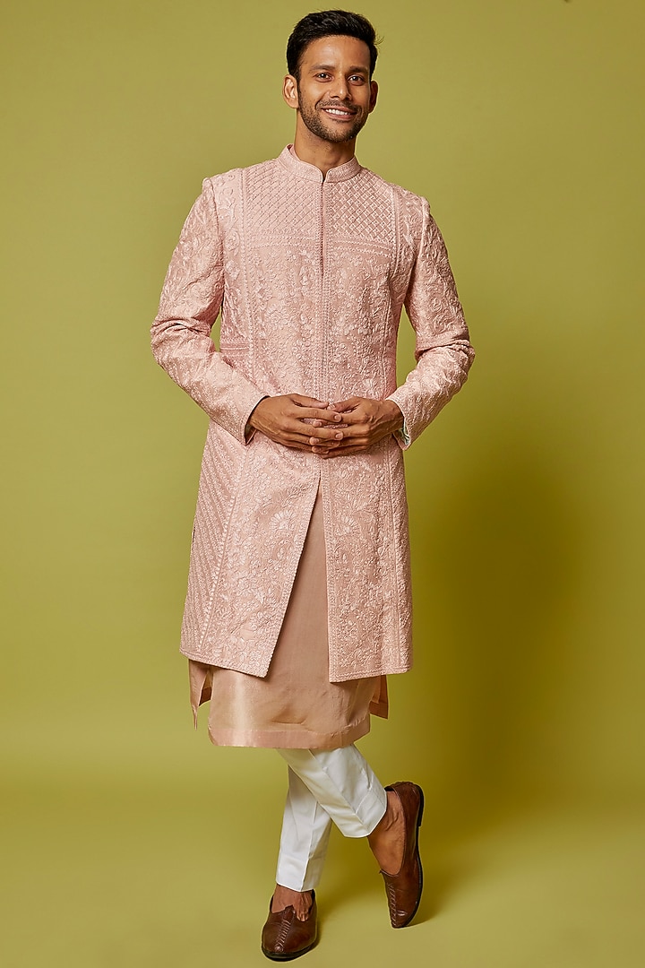 Pink Raw Silk Hand Embroidered Groom Sherwani Set by Seema Gujral Men at Pernia's Pop Up Shop