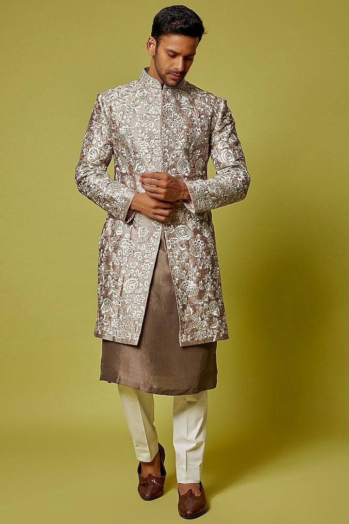 Coffee Raw Silk Embroidered Sherwani Set by Seema Gujral Men