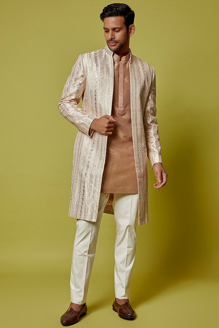 Rose Gold Raw Silk Embroidered Indowestern Set by Seema Gujral Men