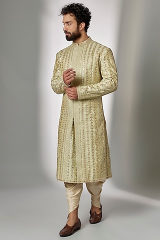 Mint Green Raw Silk Gota Patti Embroidered Sherwani Set by Seema Gujral Men