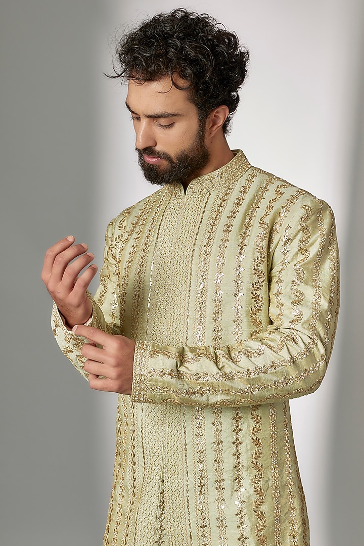 Mint Green Raw Silk Gota Patti Embroidered Groom Sherwani Set by Seema Gujral Men at Pernia's Pop Up Shop