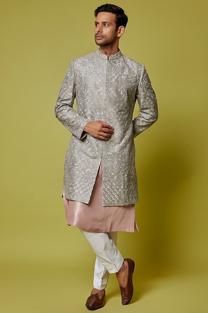 Grey Raw Silk Embroidered Sherwani Set by Seema Gujral Men