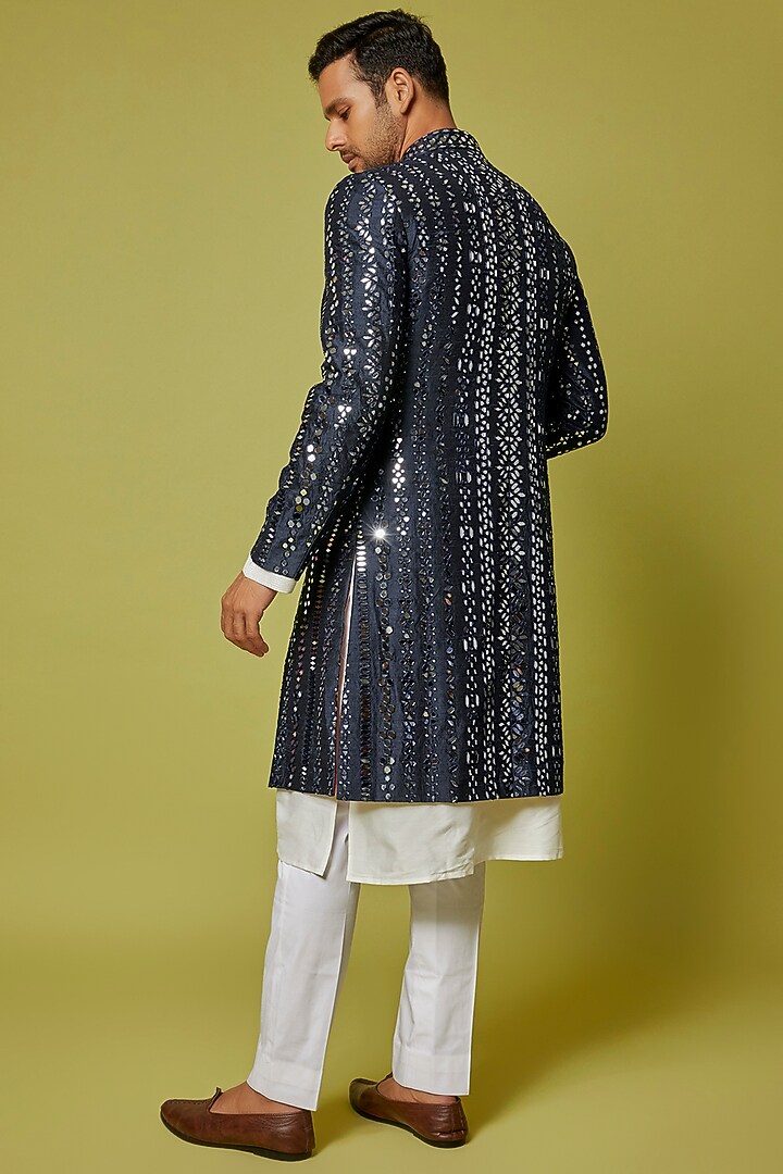 Midnight Blue Silk Embroidered Groom Sherwani Set by Seema Gujral Men at Pernia's Pop Up Shop