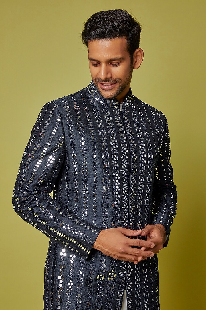 Midnight Blue Silk Embroidered Groom Sherwani Set by Seema Gujral Men at Pernia's Pop Up Shop