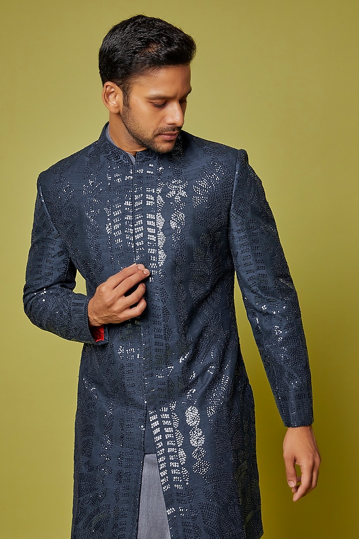 Buy Seema Gujral Men Deep Blue Raw Silk Embroidered Sherwani Set at ...