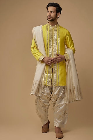 Yellow Silk Gota Embroidered Kurta Set by Seema Gujral Men
