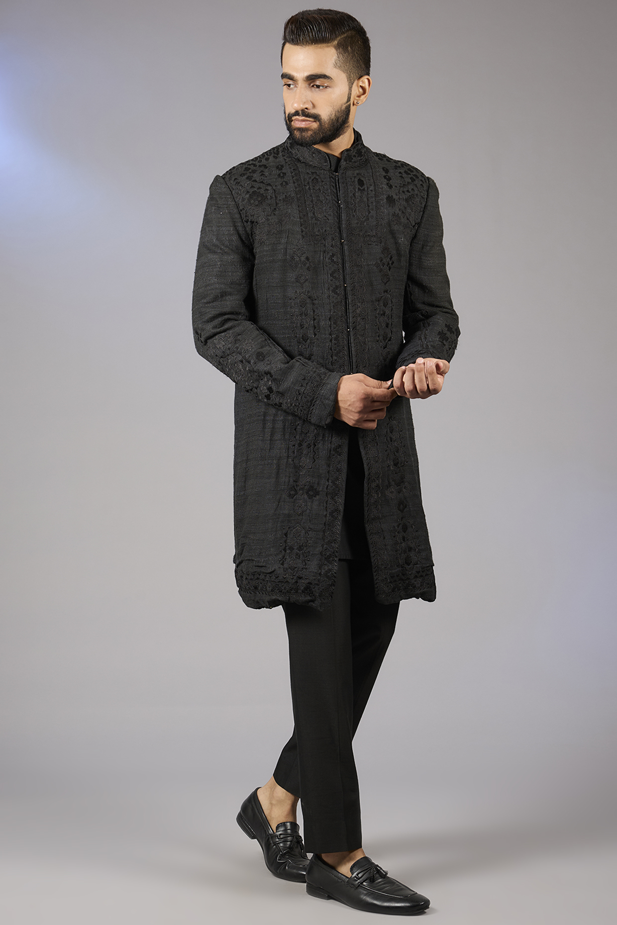 Black Matka Silk Embroidered Sherwani Set by Seema Gujral Men