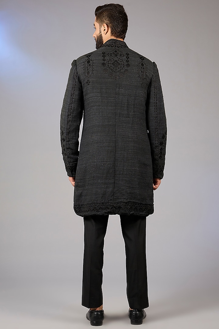 Black Matka Silk Embroidered Groom Sherwani Set by Seema Gujral Men at Pernia's Pop Up Shop