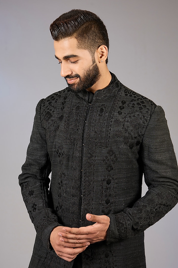Black Matka Silk Embroidered Groom Sherwani Set by Seema Gujral Men at Pernia's Pop Up Shop