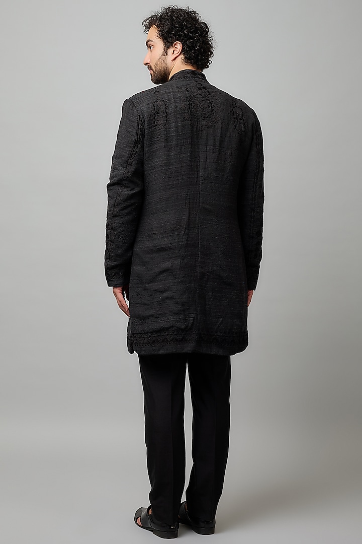 Black Silk Resham Embroidered Groom Sherwani Set by Seema Gujral Men at Pernia's Pop Up Shop
