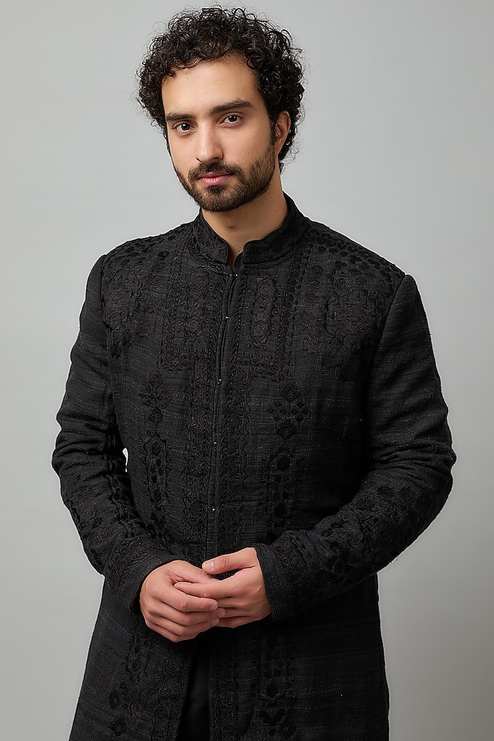 Black Silk Resham Embroidered Groom Sherwani Set by Seema Gujral Men at Pernia's Pop Up Shop