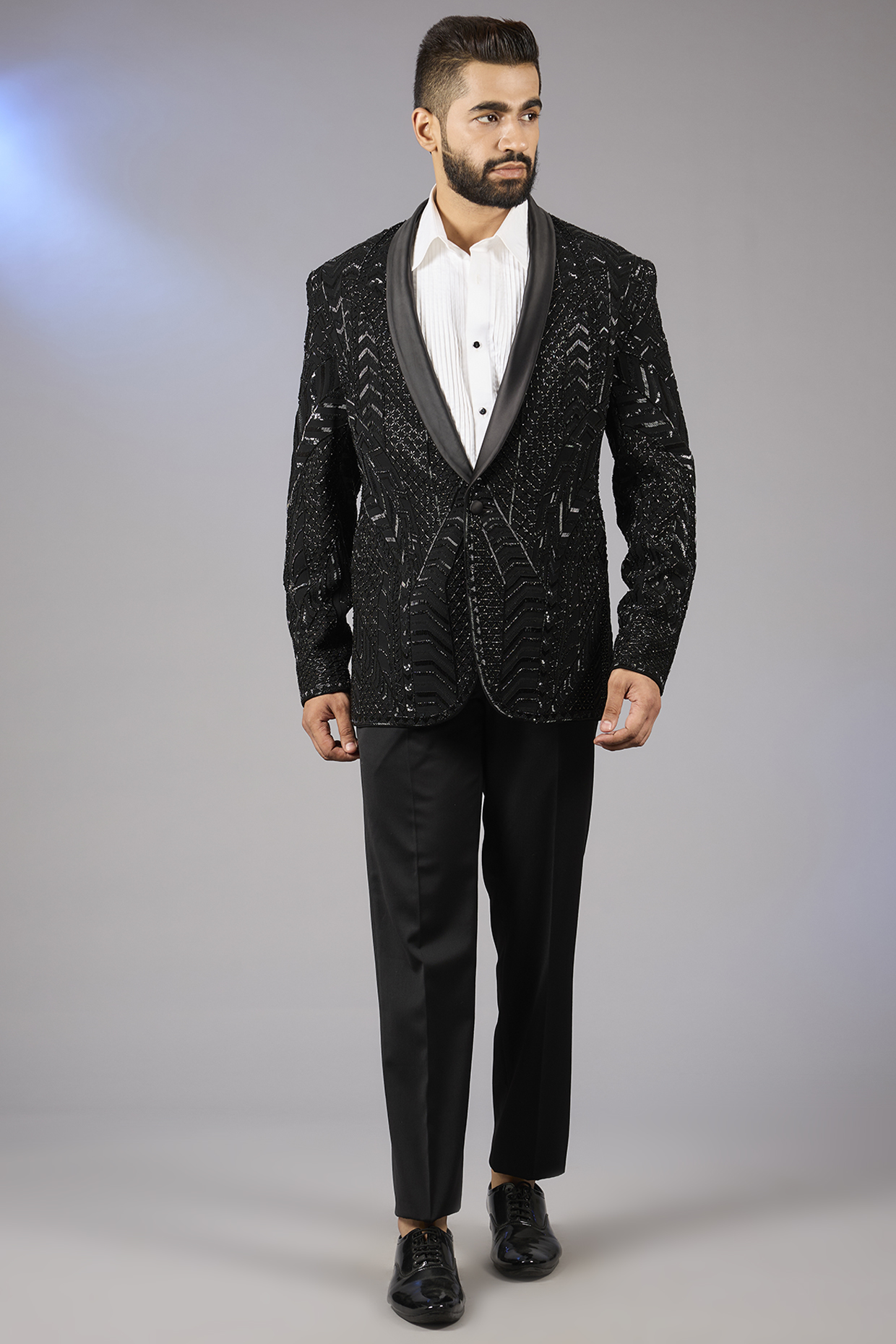 Midnight Blue Cotton Bugle Bead Embroidered Tuxedo Set by Seema Gujral Men