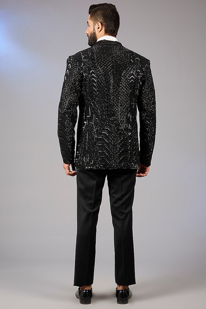 Midnight Blue Cotton Bugle Bead Embroidered Tuxedo Set by Seema Gujral Men at Pernia's Pop Up Shop