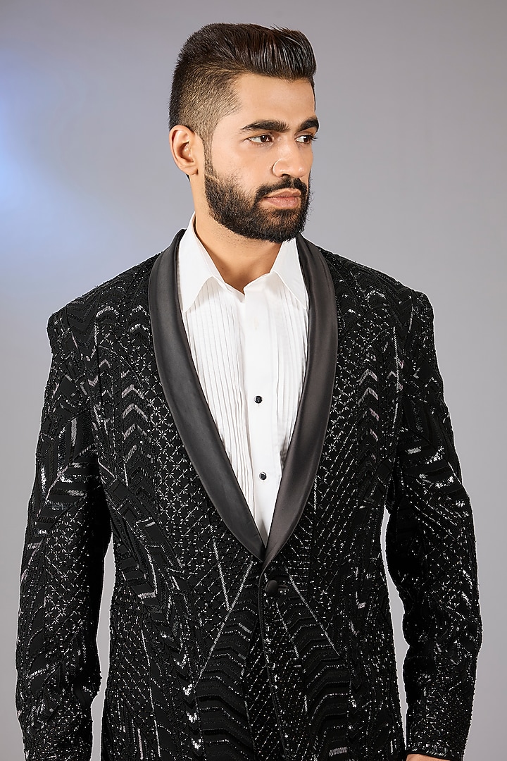 Midnight Blue Cotton Bugle Bead Embroidered Tuxedo Set by Seema Gujral Men at Pernia's Pop Up Shop