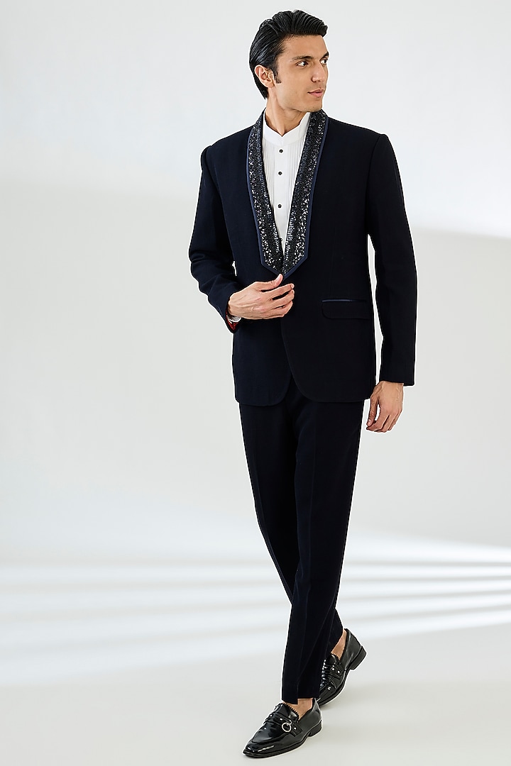 Midnight Blue Suiting Fabric Embroidered Tuxedo Set by Seema Gujral Men