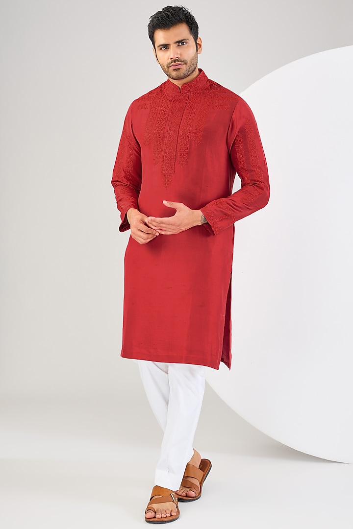 Red Silk Dori Embroidered Kurta Set by Seema Gujral Men at Pernia's Pop Up Shop