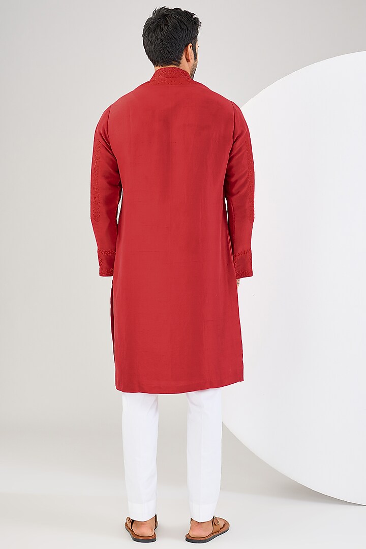 Red Silk Dori Embroidered Kurta Set by Seema Gujral Men at Pernia's Pop Up Shop