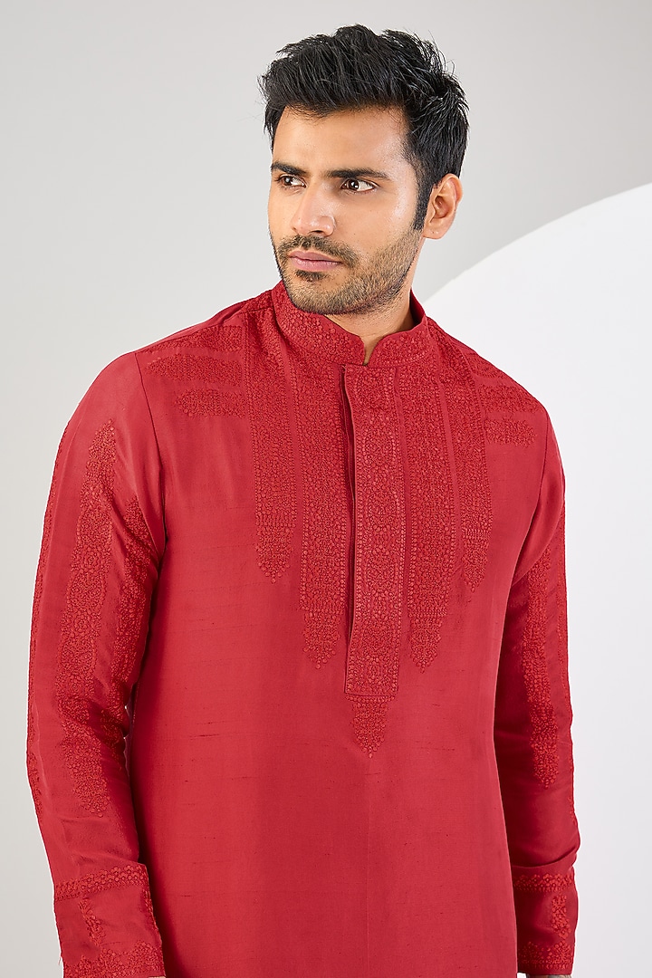 Red Silk Dori Embroidered Kurta Set by Seema Gujral Men at Pernia's Pop Up Shop