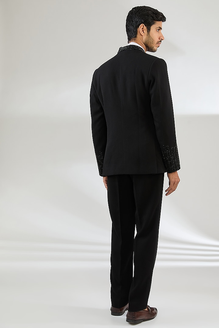 Black Textured Embroidered Tuxedo Set by Seema Gujral Men at Pernia's Pop Up Shop