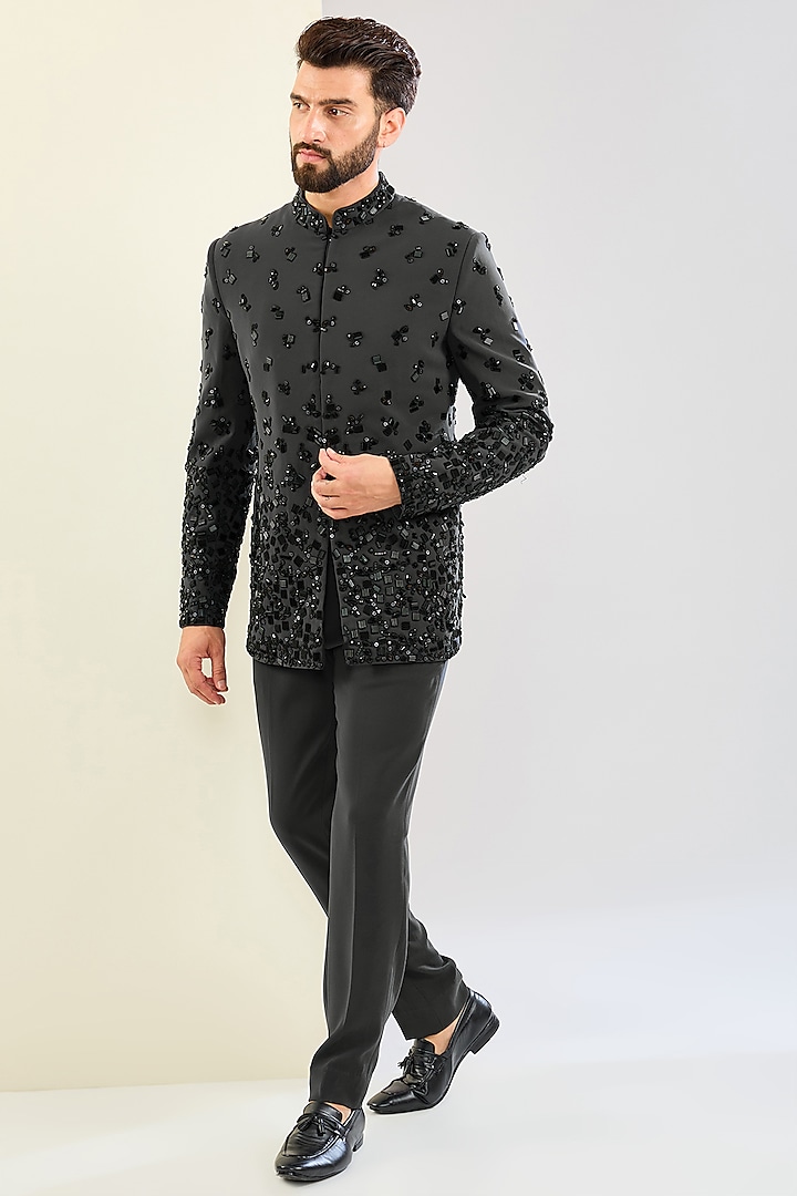 Grey Cotton Bugle Bead Embroidered Bandhgala Set by Seema Gujral Men at Pernia's Pop Up Shop