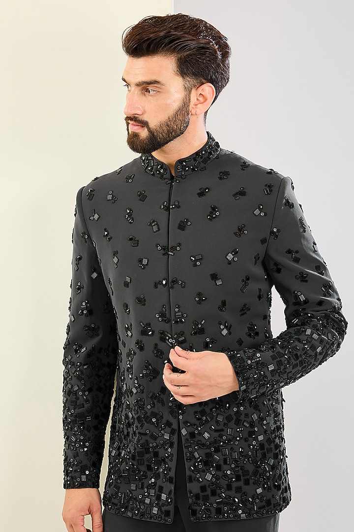Grey Cotton Bugle Bead Embroidered Groom Bandhgala Set by Seema Gujral Men at Pernia's Pop Up Shop