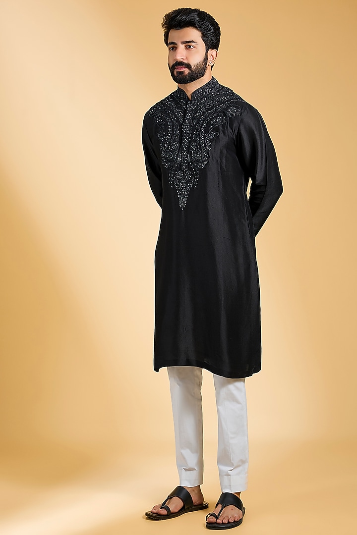 Grey Silk & Cotton Embroidered Kurta Set by Seema Gujral Men