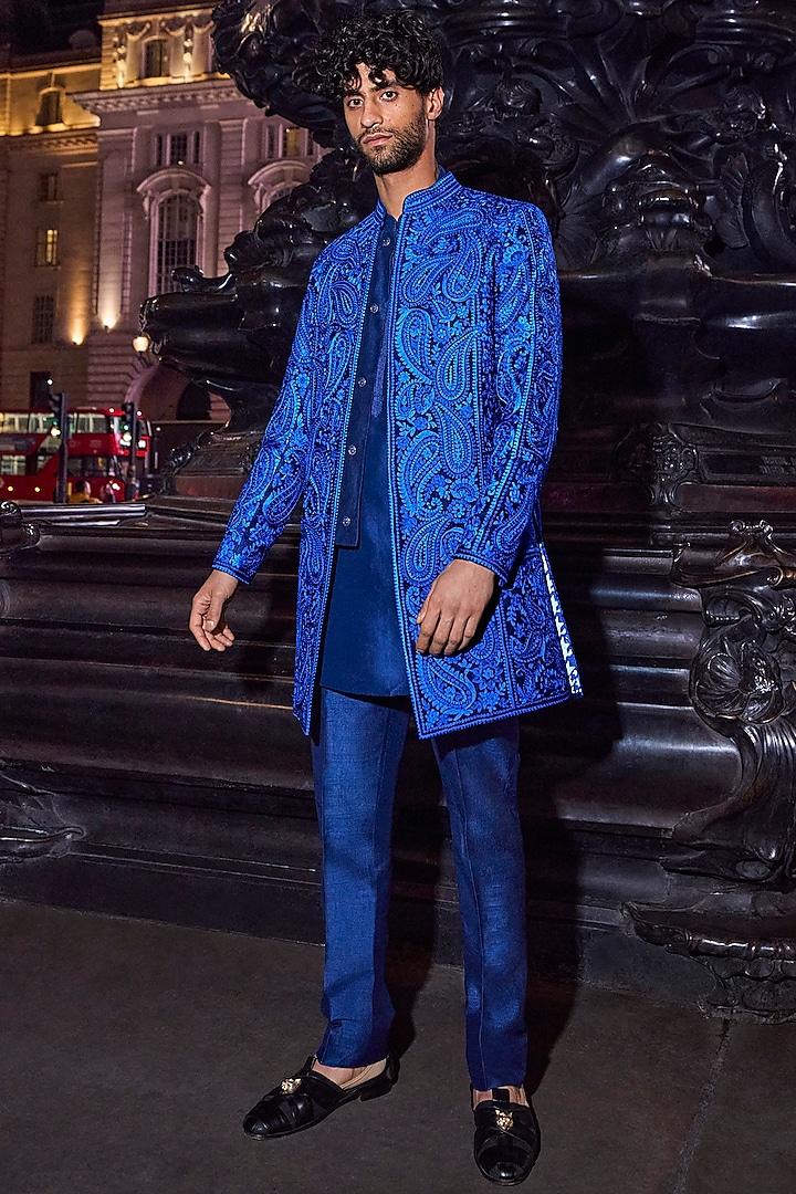 Blue Silk Thread Embroidered Groom Sherwani Set by Seema Gujral Men at Pernia's Pop Up Shop