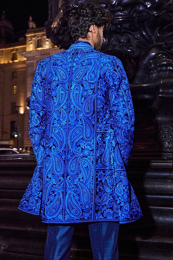 Blue Silk Thread Embroidered Groom Sherwani Set by Seema Gujral Men at Pernia's Pop Up Shop