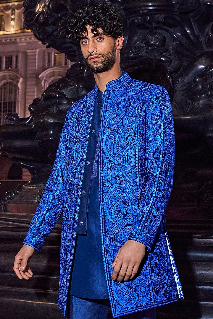 Blue Silk Thread Embroidered Groom Sherwani Set by Seema Gujral Men at Pernia's Pop Up Shop