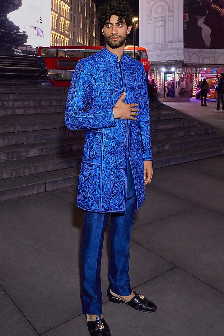 Blue Silk Thread Embroidered Groom Sherwani Set by Seema Gujral Men at Pernia's Pop Up Shop