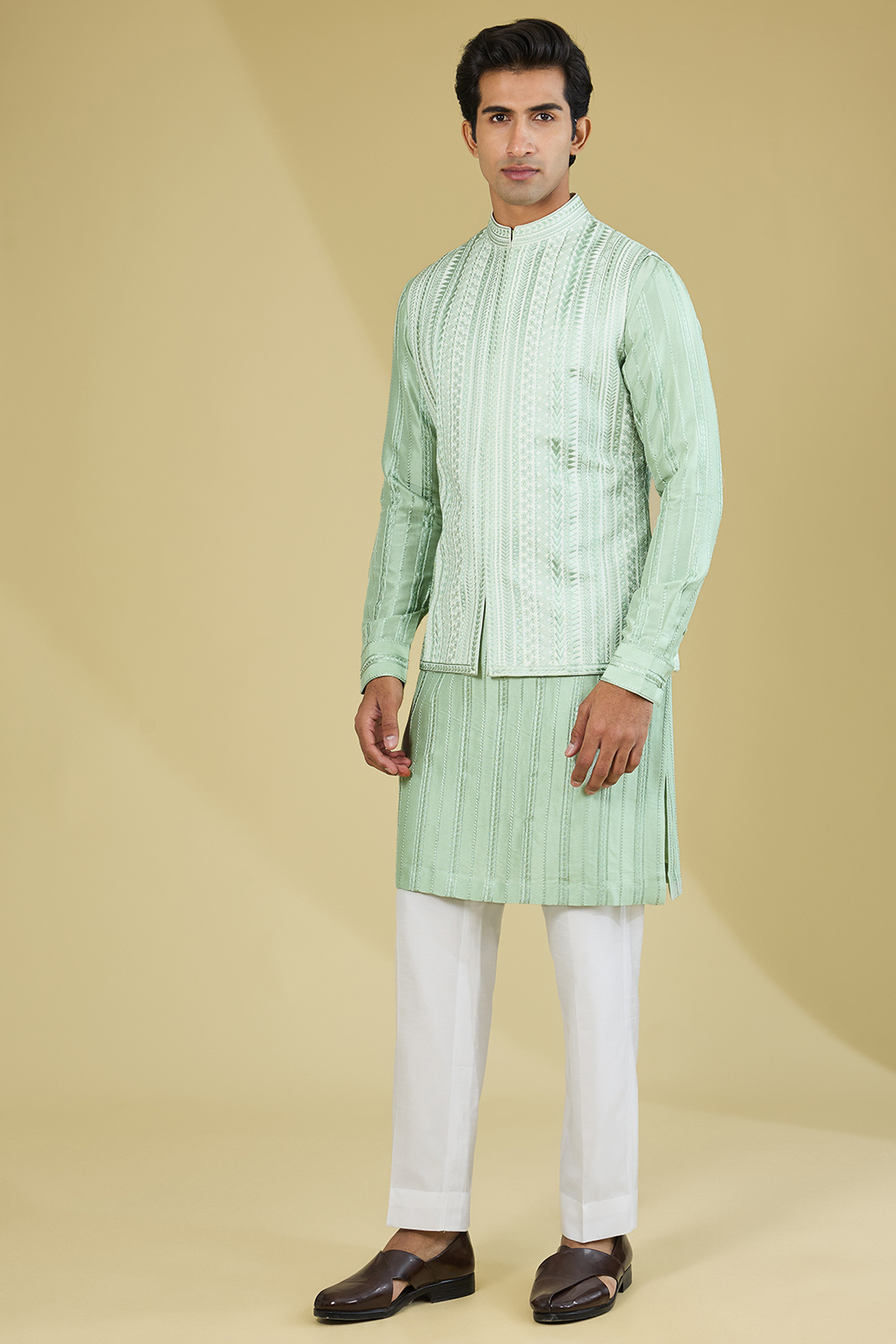 Sage Green Raw Silk Thread Work Bundi Set by Seema Gujral Men