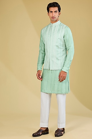 Sage Green Raw Silk Thread Work Bundi Set by Seema Gujral Men