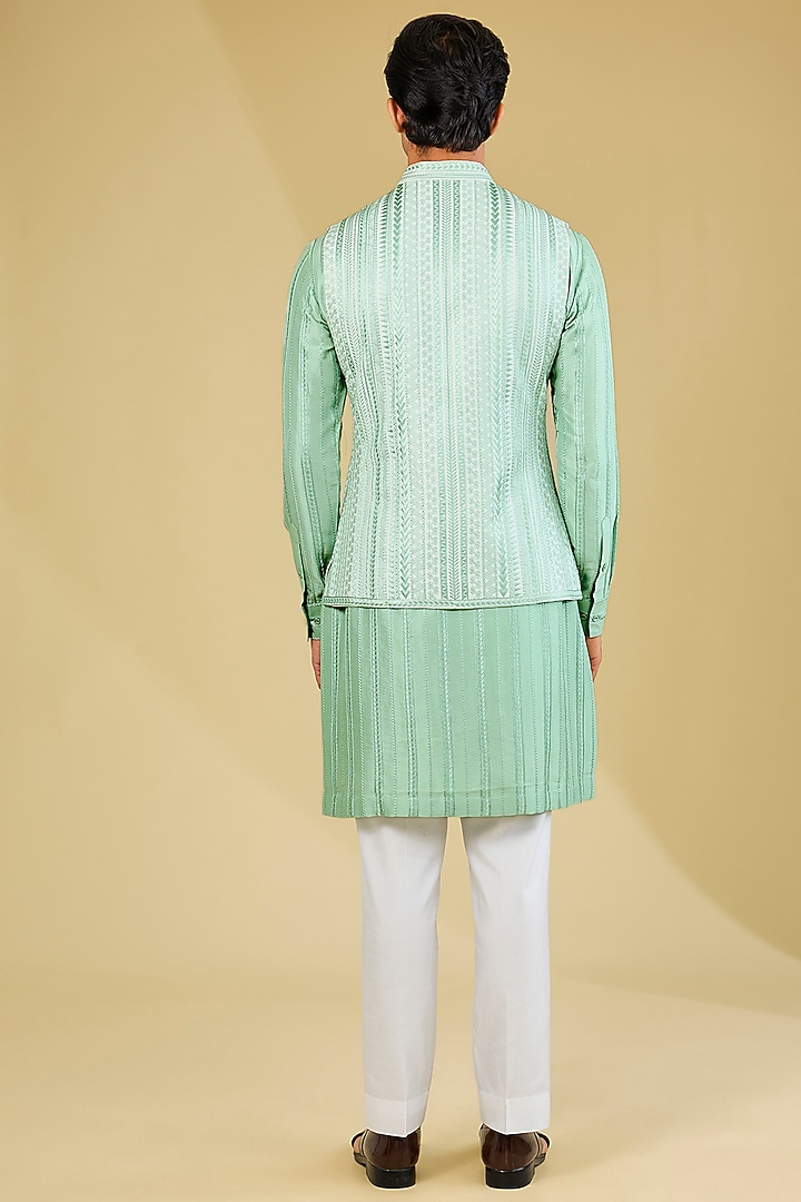 Sage Green Raw Silk Thread Work Bundi Set by Seema Gujral Men at Pernia's Pop Up Shop