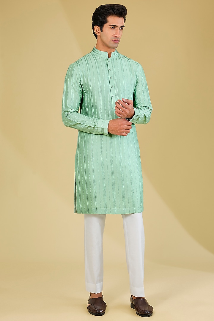 Sage Green Raw Silk Thread Work Bundi Set by Seema Gujral Men at Pernia's Pop Up Shop