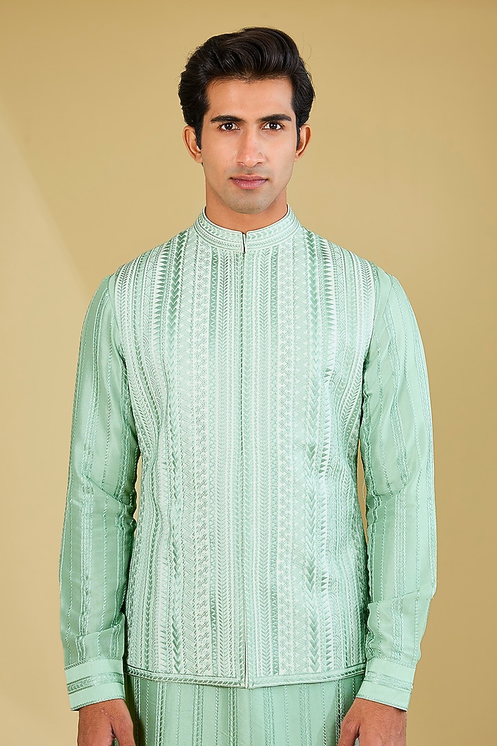 Sage Green Raw Silk Thread Work Bundi Set by Seema Gujral Men at Pernia's Pop Up Shop