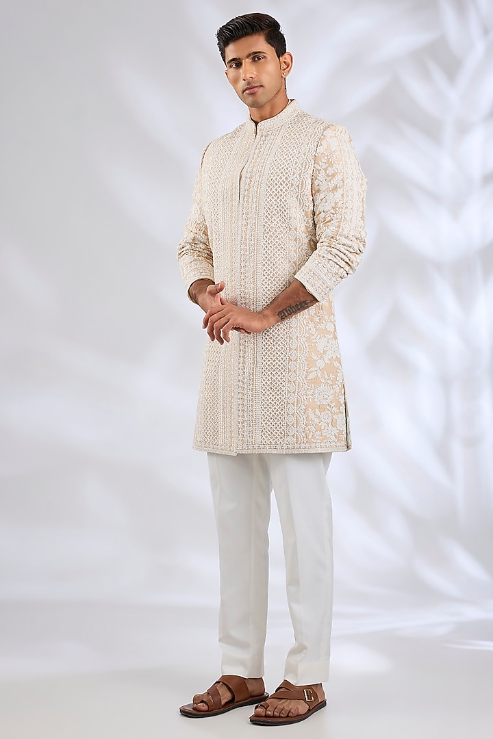 Nude Raw Silk Embroidered Groom Sherwani Set by Seema Gujral Men at Pernia's Pop Up Shop