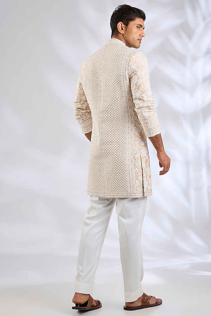Nude Raw Silk Embroidered Groom Sherwani Set by Seema Gujral Men at Pernia's Pop Up Shop