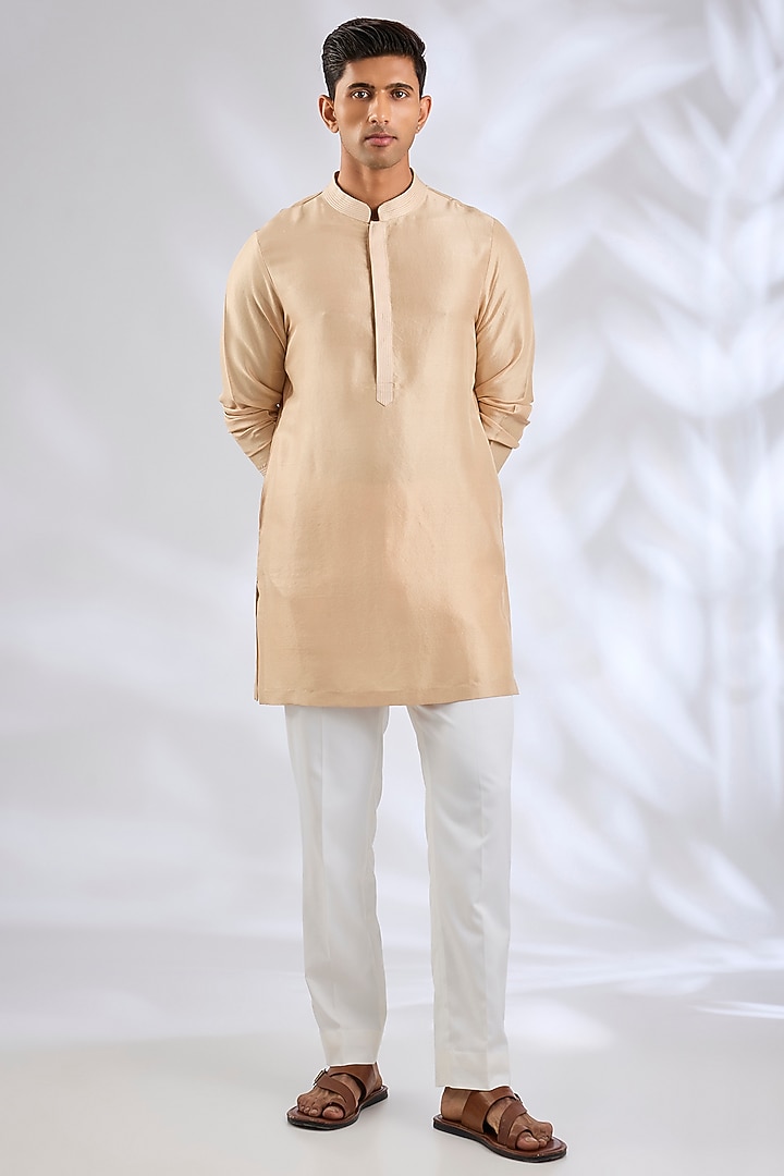 Nude Raw Silk Embroidered Groom Sherwani Set by Seema Gujral Men at Pernia's Pop Up Shop