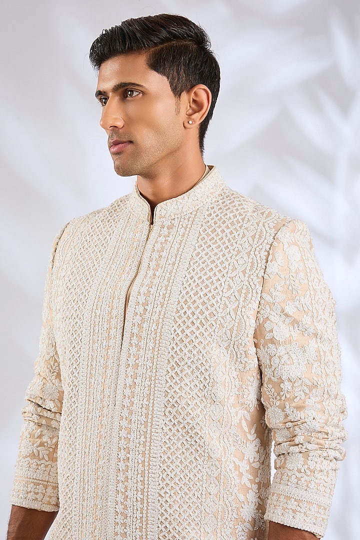 Nude Raw Silk Embroidered Groom Sherwani Set by Seema Gujral Men at Pernia's Pop Up Shop