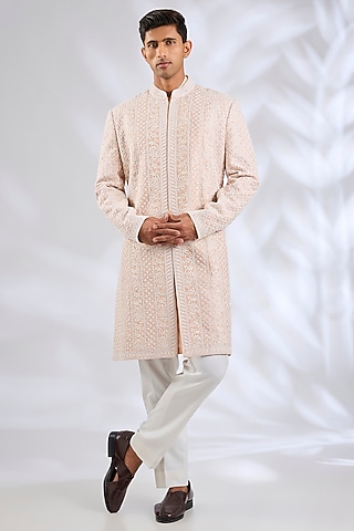 Nude Raw Silk Embroidered Sherwani Set by Seema Gujral Men