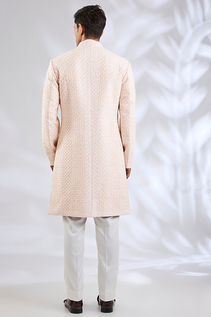 Nude Raw Silk Embroidered Groom Sherwani Set by Seema Gujral Men at Pernia's Pop Up Shop