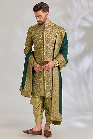 Gold & Green Silk Sherwani Set by Seema Gujral Men